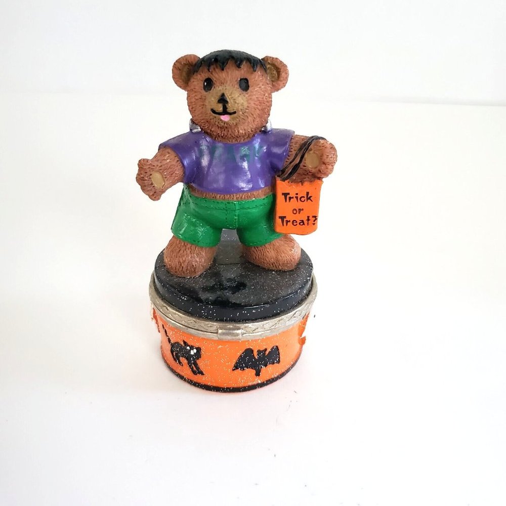 Claire’s Halloween Frankenstein Brown Teddy Bear Hinged Trinket Box Vtg 1999